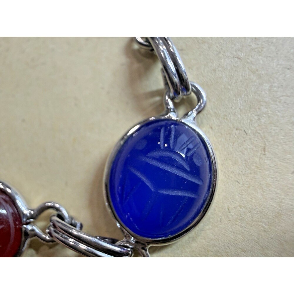 Vintage Egyptian Scarab Bracelet Signed A&Z Ster 6 Carved Stones Rare - Picture 8 of 16